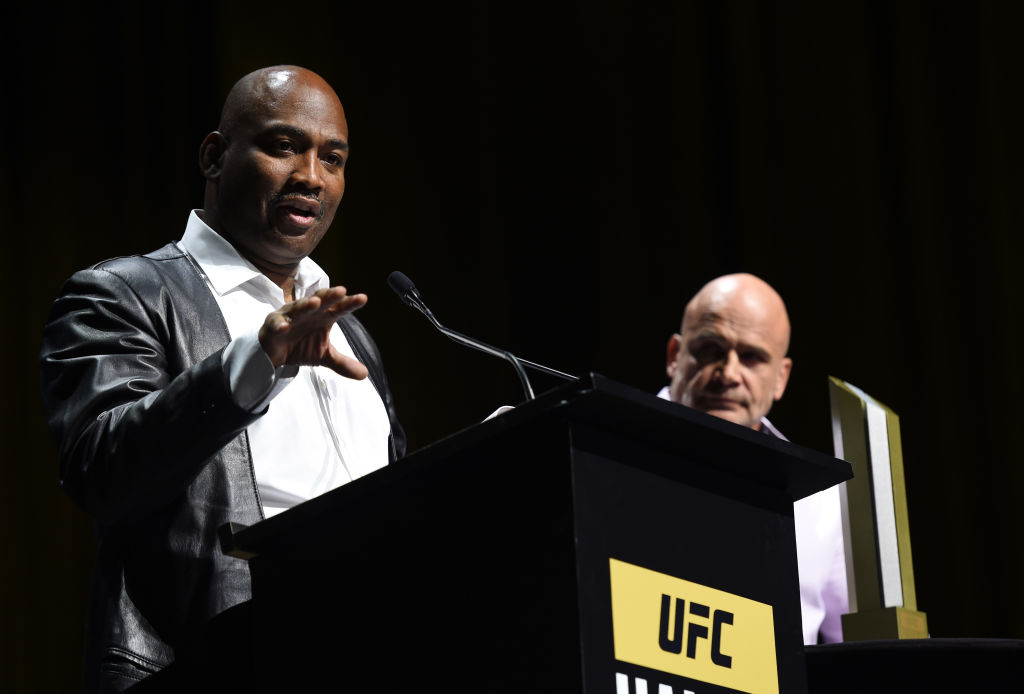 LAS VEGAS, NV - JULY 06: (L-R) Maurice Smith accepts his award during the UFC Hall of Fame 2017 Induction Ceremony at the Park Theater on July 6, 2017 in Las Vegas, Nevada. (Photo by Brandon Magnus/Zuffa LLC)