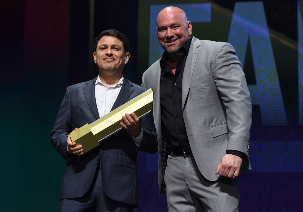 LAS VEGAS, NV - JULY 06: (R-L) UFC President Dana White and Joe Silva pose for a picture during the UFC Hall of Fame 2017 Induction Ceremony at the Park Theater on July 6, 2017 in Las Vegas, Nevada. (Photo by Brandon Magnus/Zuffa LLC)