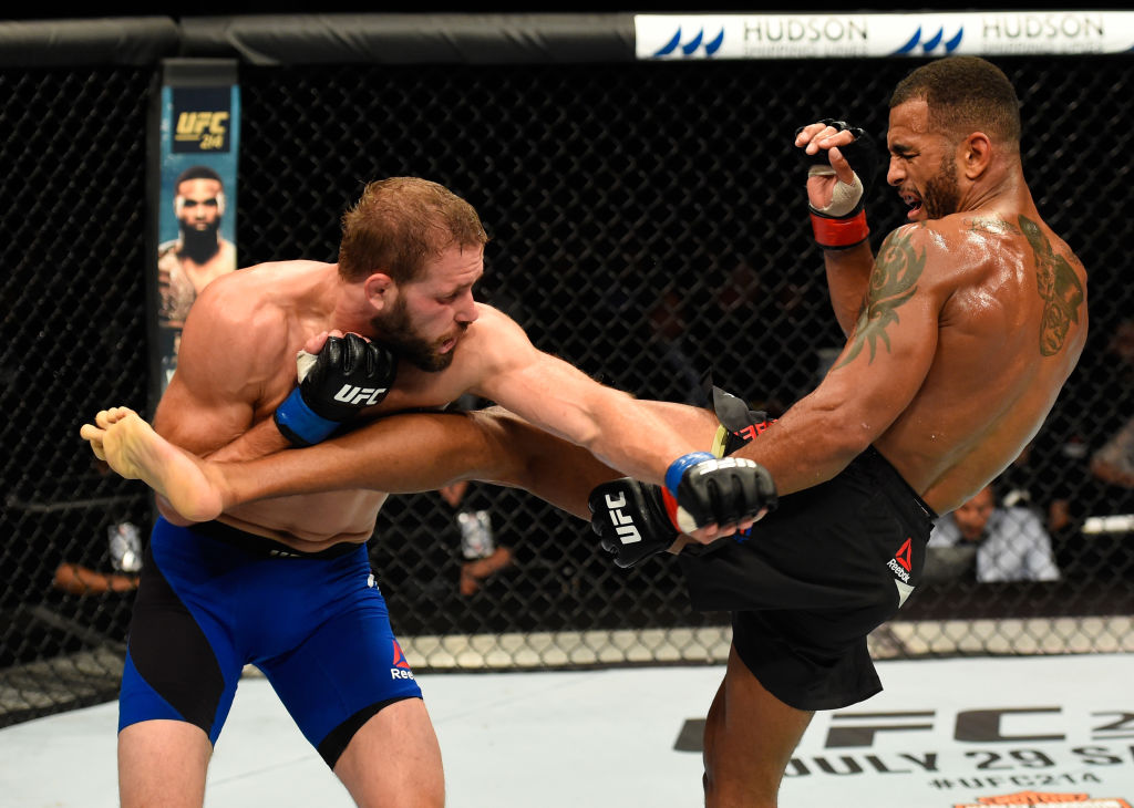 GLASGOW, SCOTLAND - JULY 16: (R-L) Danny Roberts of England kicks Bobby Nash in their welterweight bout during the UFC Fight Night event at the SSE Hydro Arena Glasgow on July 16, 2017 in Glasgow, Scotland. (Photo by Josh Hedges/Zuffa LLC)