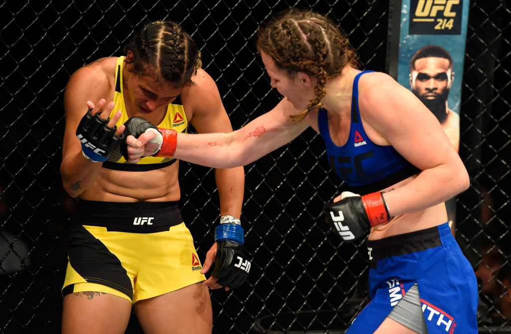 GLASGOW, SCOTLAND - JULY 16: (R-L) Leslie Smith punches Amanda Lemos of Brazil in their women's bantamweight bout during the UFC Fight Night event at the SSE Hydro Arena Glasgow on July 16, 2017 in Glasgow, Scotland. (Photo by Josh Hedges/Zuffa LLC)