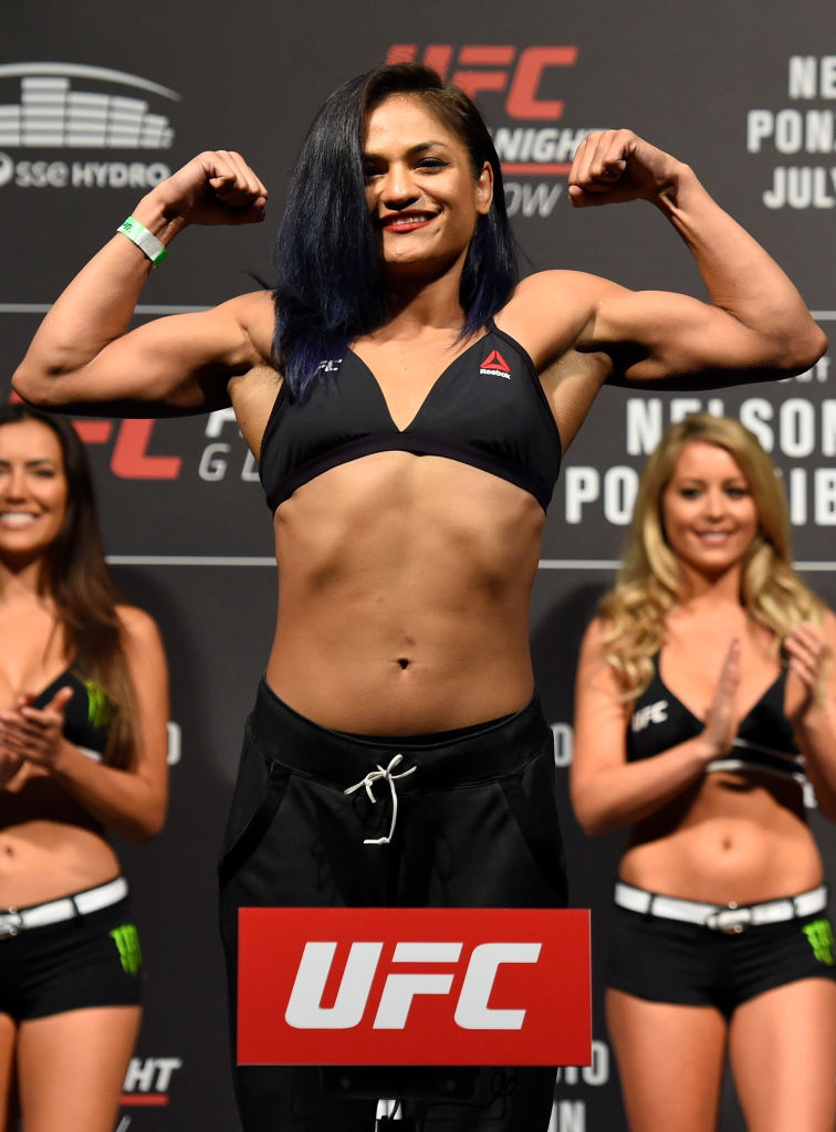 GLASGOW, SCOTLAND - JULY 15: Cynthia Calvillo poses on the scale during the UFC Fight Night weigh-in at the SSE Hydro Arena Glasgow on July 15, 2017 in Glasgow, Scotland. (Photo by Josh Hedges/Zuffa LLC)