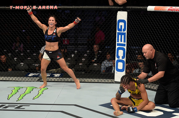 LAS VEGAS, NV - JULY 7: Tecia Torres celebrates her submission victory against Juliana Lima during The Ultimate Fighter Finale event inside the T-Mobile Arena on July 7, 2017 in Las Vegas, Nevada. (Photo by Rey Del Rio/Getty Images)