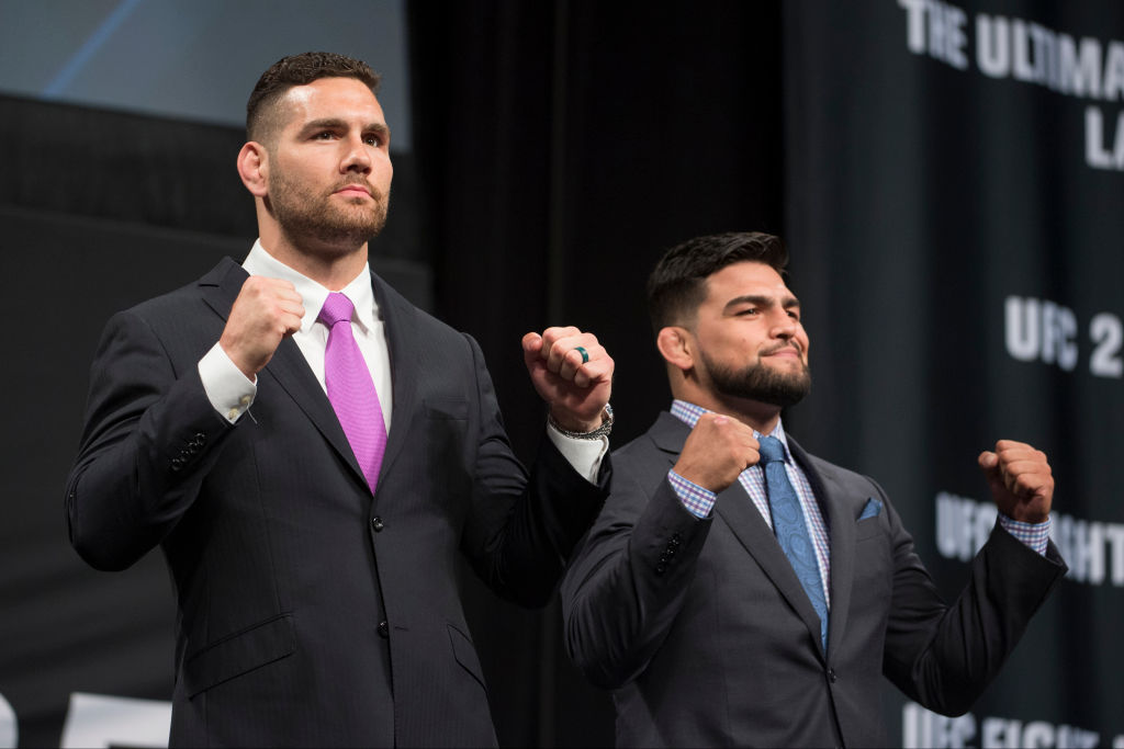 DALLAS, TX - MAY 12: Chris Weidman faces off with Kelvin Gastelum during the UFC Summer Kickoff Press Conference at the American Airlines Center on May 12, 2017 in Dallas, Texas. (Photo by Cooper Neill/Zuffa LLC) 