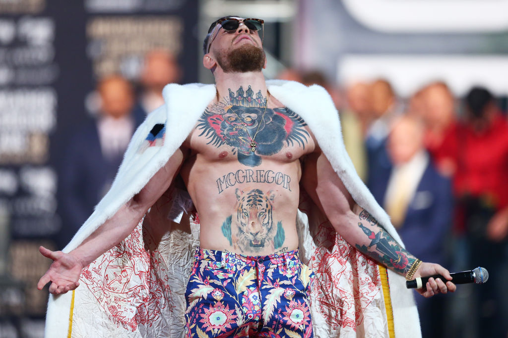 NEW YORK, NY - JULY 13: Conor McGregor poses on stage during the Floyd Mayweather Jr. v Conor McGregor World Press Tour event at Barclays Center on July 13, 2017 in the Brooklyn borough of New York City. (Photo by Mike Stobe/Getty Images)