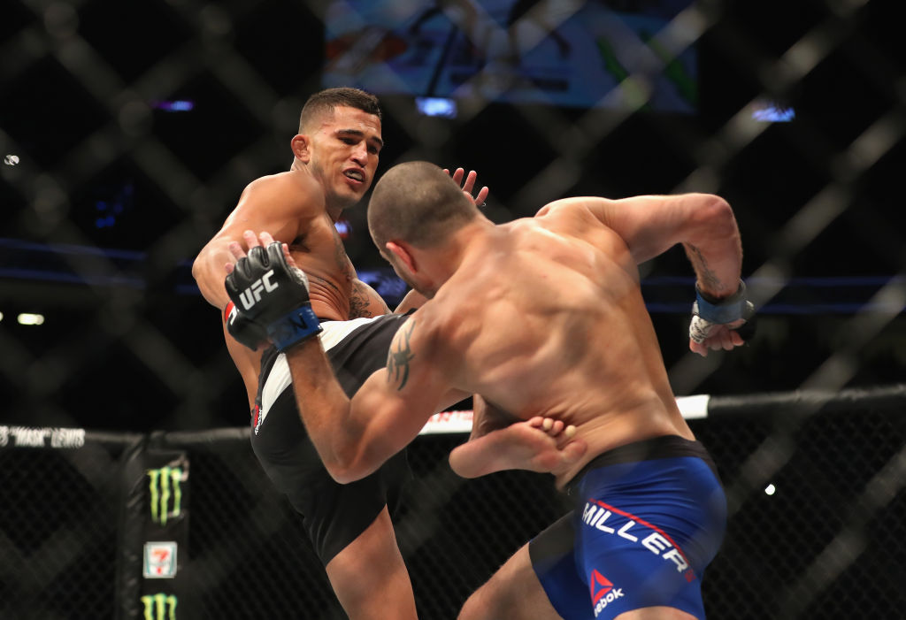 LAS VEGAS, NV - JULY 08: (L-R) <a href='../fighter/Anthony-Pettis'>Anthony Pettis</a> kicks <a href='../fighter/Jim-Miller'>Jim Miller</a> in their lightweight bout during the UFC 213 event at T-Mobile Arena on July 8, 2017 in Las Vegas, Nevada. (Photo by Christian Petersen/Zuffa LLC)“ align=“center“/>Anthony Pettis’ return to the lightweight division showed him to be back in championship form as he shut out Jim Miller over three rounds.</p><p>Scores were 30-27 across the board.</p><p>Miller came out firing kicks at Pettis’ legs, but “Showtime” smoothly settled into the fight and began delivering his own kicks, quickly putting Miller on the defensive. Pettis was particularly effective when he caught Miller against the fence, and when the first five minutes were over, it was the best the Milwaukee native had looked in a long time.</p><p>Pettis brought his kicks upstairs in round two, and the now bloodied Miller caught one and put his foe on the mat. Pettis looked for a submission from the bottom, but Miller fought through it and almost got Pettis in trouble before the former champ scrambled into the top position. With 30 seconds left, Pettis took Miller’s back, but the New Jersey product got loose and made it out of the round.</p><p>Pettis kept it standing in the third round and he controlled the action once more, and while he didn’t get the finish, the win was a pivotal one for a fighter who needed one in a big way.</p><p>Pettis moves to 20-6 with the win; Miller falls to 28-10 with 1 NC.</p><p><iframe src=