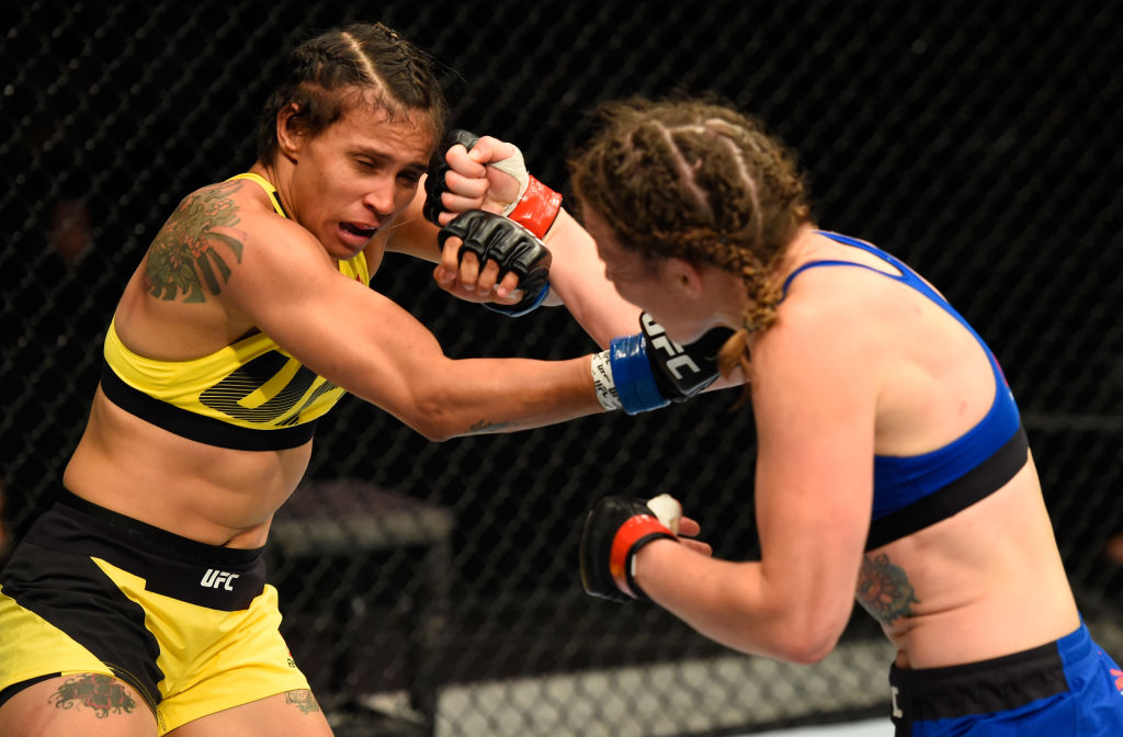 GLASGOW, SCOTLAND - JULY 16: (R-L) Leslie Smith punches Amanda Lemos of Brazil in their women's bantamweight bout during the UFC Fight Night event at the SSE Hydro Arena Glasgow on July 16, 2017 in Glasgow, Scotland. (Photo by Josh Hedges/Zuffa LLC)