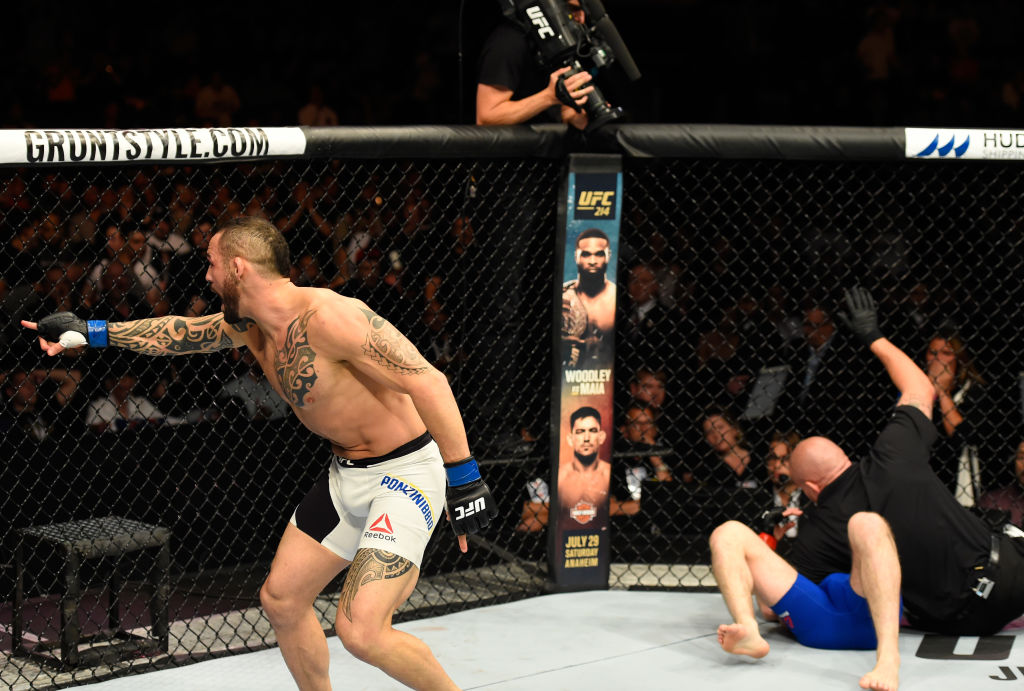 GLASGOW, SCOTLAND - (L-R) <a href='../fighter/santiago-ponzinibbio'>Santiago Ponzinibbio</a> of Argentina celebrates his victory over <a href='../fighter/Gunnar-Nelson'>Gunnar Nelson</a> of Iceland in their welterweight bout during the <a href='../event/UFC-Silva-vs-Irvin'>UFC Fight Night </a>event at the SSE Hydro Arena Glasgow on July 16, 2017 in Glasgow, Scotland. (Photo by Josh Hedges/Zuffa LLC)“ align=“center“/><strong>PONZINIBBIO vs. NELSON</strong><p>In the biggest fight of his pro career, Argentina’s Santiago Ponzinibbio came up huge, knocking out Gunnar Nelson in the first round of the main event of the UFC’s return to The SSE Hydro in Glasgow, Scotland on Sunday.</p><p>“I am the best striker in this division,” Ponzinibbio. “I am the next champion of this division. I am ready for everything and everyone at 170 pounds in the world.”</p><p>Nelson staggered Ponzinibbio with an uppercut in the opening seconds of the bout, prompting the La Plata native to stop his aggressive march and begin backing off to pick his shots better. That was a good call, as a flush right hand nearly spun Nelson around and sent him reeling into the fence. There, a left dropped Nelson hard to the canvas, and a follow-up right hand brought in referee Leon Roberts to halt matters. The official time of the stoppage was 1:22 of round one.</p><p>With the win, the No. 14-ranked Ponzinibbio ups his record to 25-3. The No. 8-ranked Nelson falls to 16-3-1.</p></div><blockquote class=