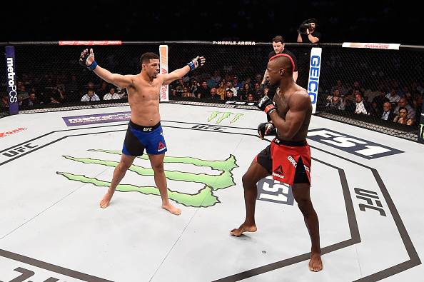 LAS VEGAS, NV - JULY 07: (L-R) Drakkar Klose taunts Marc Diakiese of England in their lightweight bout during The Ultimate Fighter Finale at T-Mobile Arena on July 7, 2017 in Las Vegas, Nevada. (Photo by Brandon Magnus/Zuffa LLC/Zuffa LLC via Getty Images)