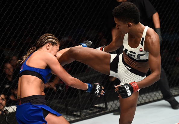 LAS VEGAS, NV - JULY 07: (R-L) Angela Hill kicks Ashley Yoder in their women's strawweight bout during The Ultimate Fighter Finale at T-Mobile Arena on July 7, 2017 in Las Vegas, Nevada. (Photo by Brandon Magnus/Zuffa LLC/Zuffa LLC via Getty Images)