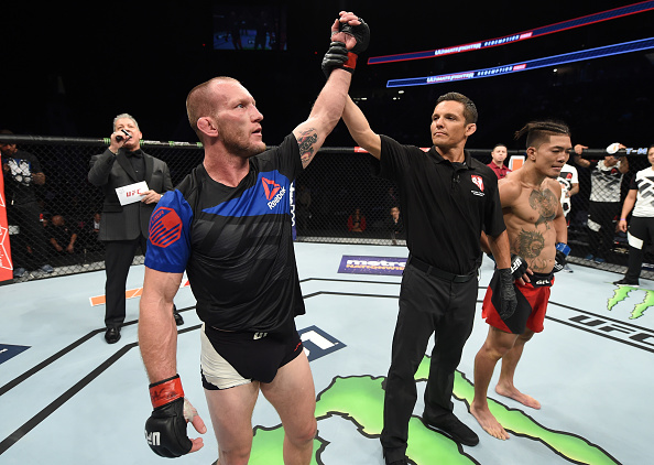 LAS VEGAS, NV - JULY 07: Gray Maynard celebrates after his unanimous-decision victory over Teruto Ishihara of Japan in their featherweight bout during The Ultimate Fighter Finale at T-Mobile Arena on July 7, 2017 in Las Vegas, Nevada. (Photo by Brandon Magnus/Zuffa LLC/Zuffa LLC via Getty Images)