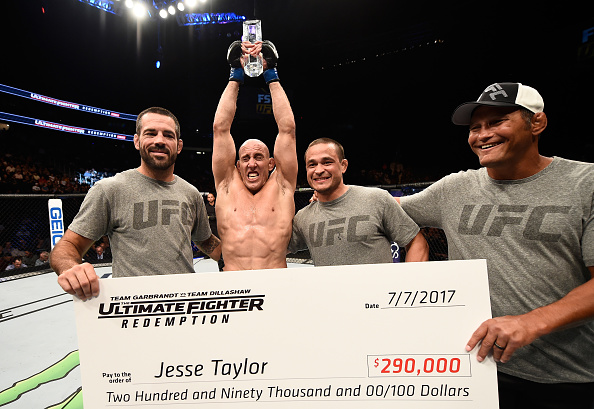 LAS VEGAS, NV - JULY 07: Jesse Taylor celebrates after his submission victory over Dhiego Lima in their welterweight finals bout during The Ultimate Fighter Finale at T-Mobile Arena on July 7, 2017 in Las Vegas, Nevada. (Photo by Brandon Magnus/Zuffa LLC/Zuffa LLC via Getty Images)