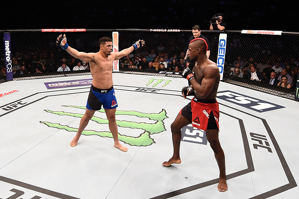 LAS VEGAS, NV - JULY 07: (L-R) Drakkar Klose taunts Marc Diakiese of England in their lightweight bout during The Ultimate Fighter Finale at T-Mobile Arena on July 7, 2017 in Las Vegas, Nevada. (Photo by Brandon Magnus/Zuffa LLC)