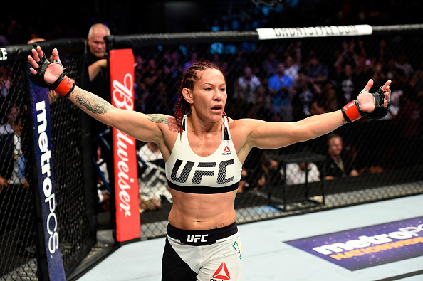 ANAHEIM, CA - JULY 29: Cris Cyborg of Brazil reacts after defeating Tonya Evinger by TKO in their UFC women's featherweight championship bout during the UFC 214 event at Honda Center on July 29, 2017 in Anaheim, California. (Photo by Josh Hedges/Zuffa LLC/Zuffa LLC via Getty Images)