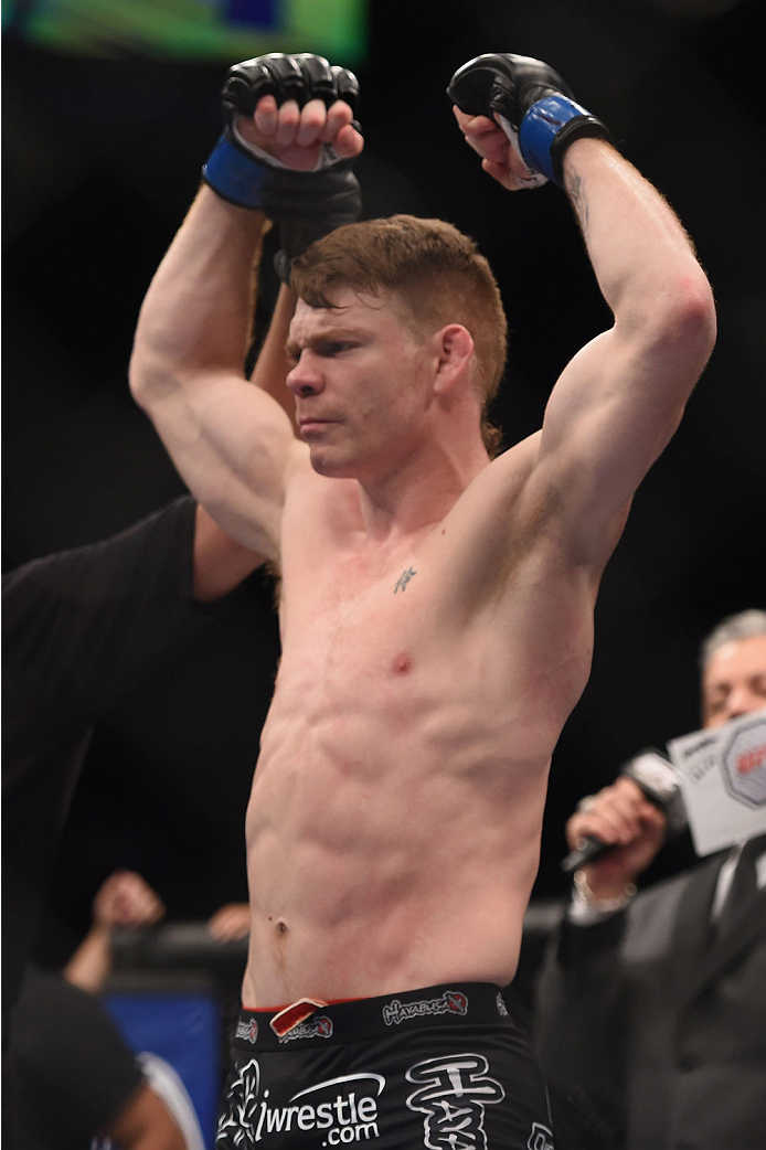 LAS VEGAS, NV - JANUARY 03: Paul Felder celebrates his win over <a href='../fighter/Danny-Castillo'>Danny Castillo</a> in their lightweight bout during the UFC 182 event at the MGM Grand Garden Arena on January 3, 2015 in Las Vegas, Nevada. (Photo by Jeff Bottari/Zuffa LLC)“ align=“right“/> than his grappling, although he has plenty of submission wins on his record. Ray has earned a couple knockouts in the UFC as well, but he’s also well versed at outpointing his opponents as he did in fights against <a href=