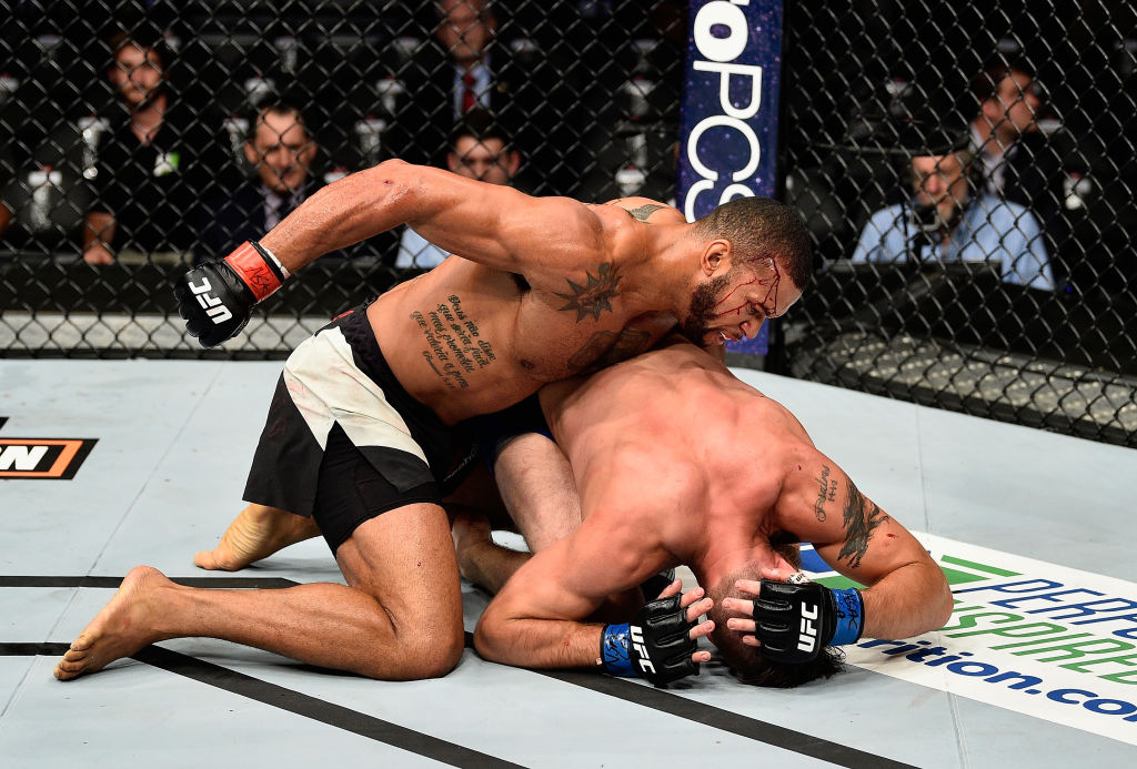 LAS VEGAS, NV - JULY 08: (L-R) <a href='../fighter/Thiago-Santos'>Thiago Santos</a> of Brazil punches <a href='../fighter/gerald-meerschaert'>Gerald Meerschaert</a> in their middleweight bout during the UFC 213 event at T-Mobile Arena on July 8, 2017 in Las Vegas, Nevada. (Photo by Jeff Bottari/Zuffa LLC)“ align=“center“/>Brazilian bomber Thiago Santos handed Gerald Meerschaert his first UFC loss in their middleweight bout, leaving no doubts with his emphatic second-round TKO victory.</p><p>After a solid start by Meerschaert, it only took two minutes for Santos to begin finding openings for his bombs, and he looked to be on the verge of a stoppage win when Meerschaert cleared his head and got back to his feet. An inadvertent eye poke gave the Milwaukee product more time to recover, but the bloodied Santos kept the pressure on when the fight resumed. As the round came to an end though, Meerschaert was still there and he appeared to be the fresher fighter.</p><p>Meerschaert kept looking for a takedown as round two began, but when they came up short, Santos made him pay, and after a barrage of unanswered shots, referee Marc Goddard halted the bout at 2:04 of the second frame.</p><p>Rio’s Santos moves to 15-5 with the win; Meerschaert falls to 26-9.</p><p><strong>MUHAMMAD vs MEIN</strong></p><p><img class=