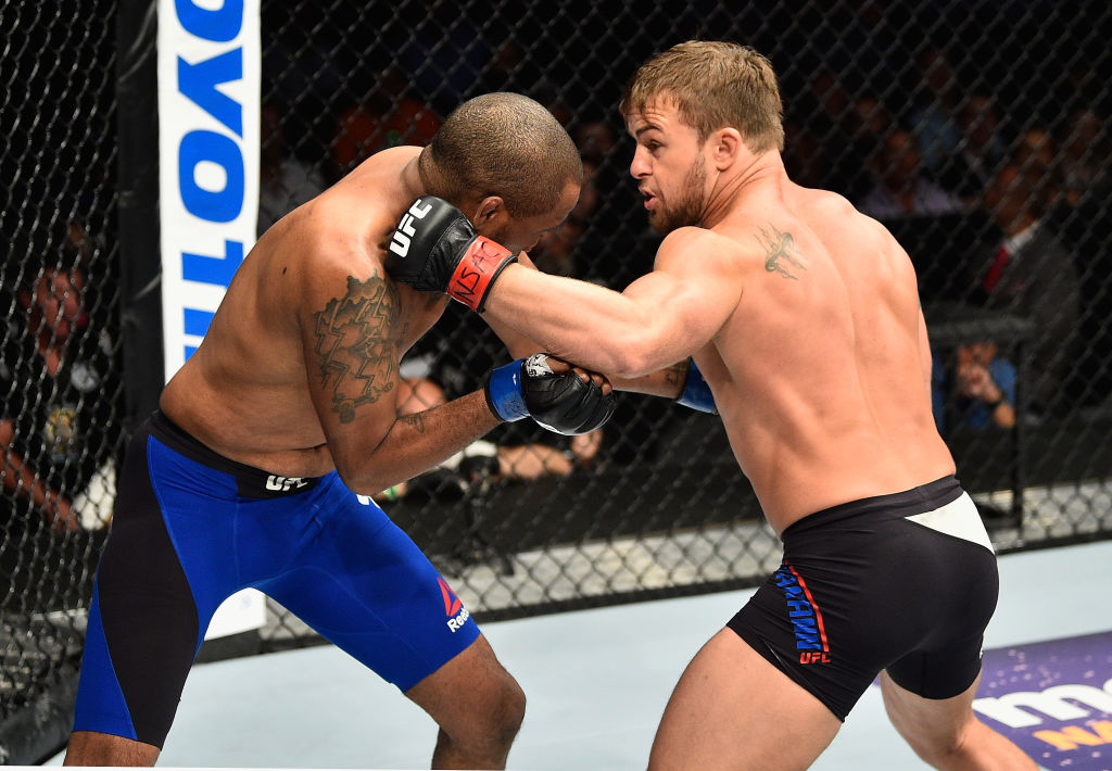 LAS VEGAS, NV - JULY 08: (R-L) <a href='../fighter/Cody-Stamann'>Cody Stamann</a> punches <a href='../fighter/Terrion-Ware'>Terrion Ware</a> in their featherweight bout during the UFC 213 event at T-Mobile Arena on July 8, 2017 in Las Vegas, Nevada. (Photo by Jeff Bottari/Zuffa LLC)“ align=“center“/>Featherweight newcomers Cody Stamann and Terrion Ware put on an entertaining three-rounder, with Stamann scoring a unanimous decision win.</p><p>Ware showed off some solid striking in the opening round, but two takedowns and late ground control by Stamann likely earned the Michigan product the frame on the scorecards.</p><p>The action heated up in round two, but it was a similar story to that of the first stanza, as Ware’s striking flurries were met by takedowns as soon as Ware began pulling ahead.</p><p>Yet in the third, Stamann finished strong, showing off his standup and ground games to leave no doubt on the scorecards, where he won by scores of 30-27 twice and 29-28.</p><p><strong>GILES vs BOCHNOVIC</strong></p><p><img class=