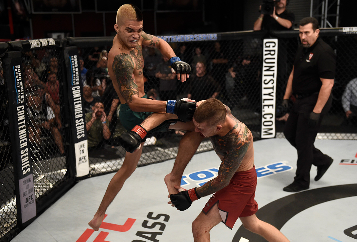 LAS VEGAS, NV - AUGUST 22: (L-R) Benito Lopez lands a flying knee against Steven Peterson in their bantamweight bout during Dana White's Tuesday Night Contender Series at the TUF Gym on August 22, 2017 in Las Vegas, Nevada. (Photo by Brandon Magnus/DWTNCS)