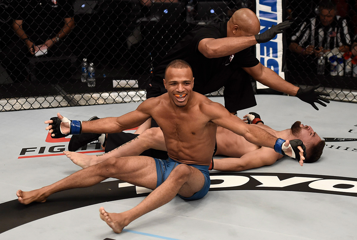 LAS VEGAS, NV - AUGUST 22: (L-R) Jordan Espinosa celebrates after his submission victory over Nick Urso in their flyweight bout during Dana White's Tuesday Night Contender Series at the TUF Gym on August 22, 2017 in Las Vegas, Nevada. (Photo by Brandon Magnus/DWTNCS)