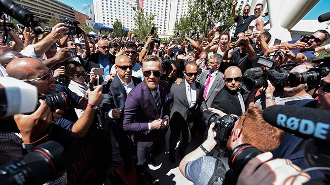 LAS VEGAS, NV - AUGUST 22: UFC lightweight champion Conor McGregor arrives at the Toshiba Plaza outside T-Mobile Arena ahead of their fight on August 22, 2017 in Las Vegas, Nevada. (Photo by Brandon Magnus/Zuffa LLC)