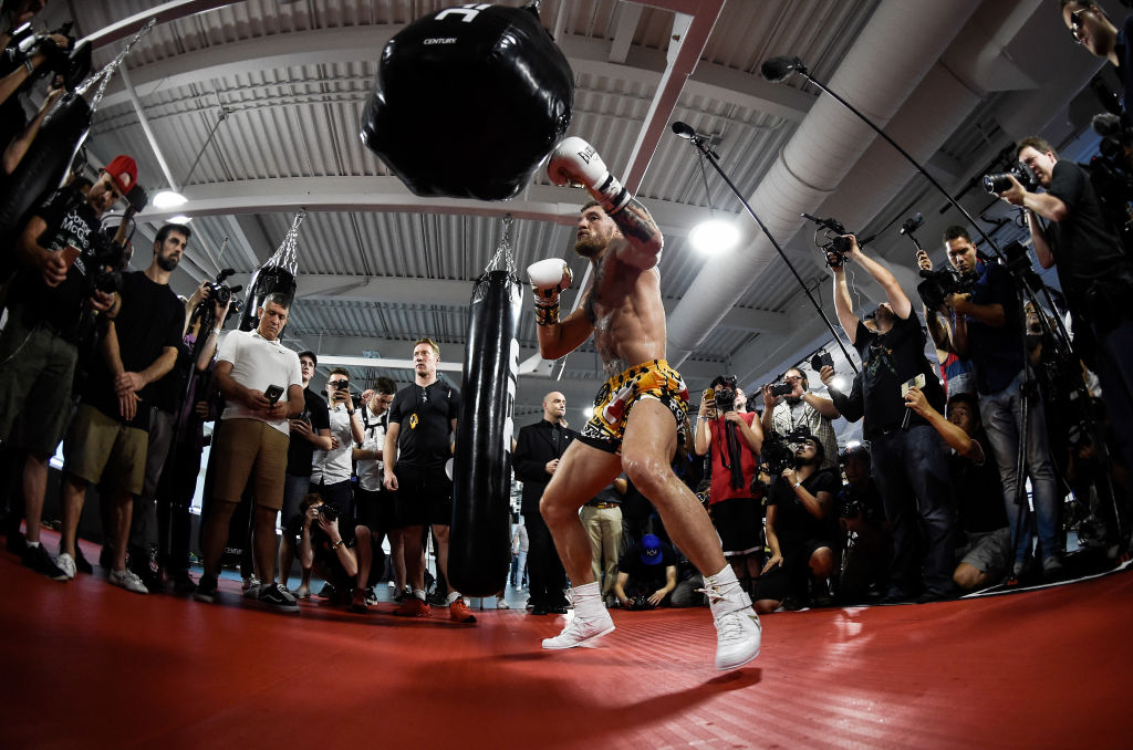 LAS VEGAS, NV - AUGUST 11: UFC lightweight champion Conor McGregor hits the uppercut bag during a media workout at the UFC Performance Institute on August 11, 2017 in Las Vegas, Nevada. McGregor will fight Floyd Mayweather Jr. in a boxing match at T-Mobile Arena on August 26 in Las Vegas. (Photo by Brandon Magnus/Zuffa LLC)
