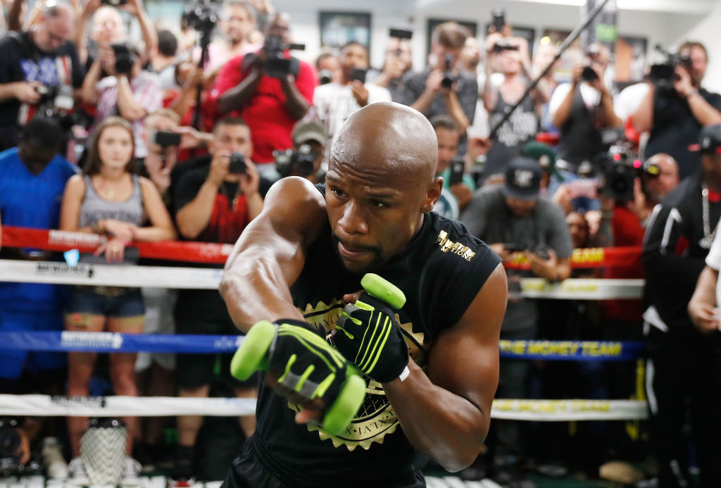 LAS VEGAS, NV - AUGUST 10: Floyd Mayweather Jr. holds a media workout at the Mayweather Boxing Club on August 10, 2017 in Las Vegas, Nevada. Mayweather will face UFC lightweight champion Conor McGregor in a boxing match at T-Mobile Arena on August 26 in Las Vegas. (Photo by Isaac Brekken/Getty Images)