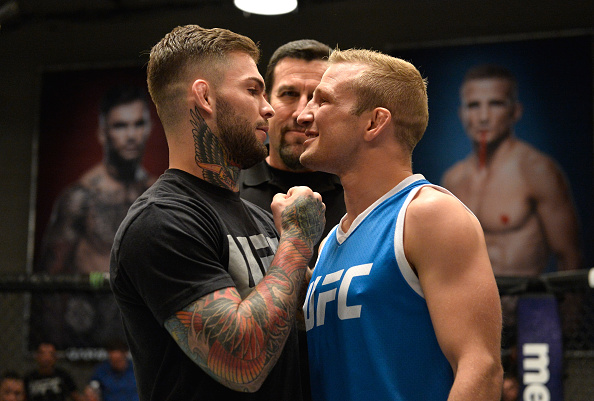 LAS VEGAS, NV - MARCH 01: (L-R) UFC bantamweight champion Cody Garbrandt and TJ Dillashaw face off during the filming of The Ultimate Fighter: Redemption at the UFC TUF Gym on March1, 2017 in Las Vegas, Nevada. (Photo by Brandon Magnus/Zuffa LLC)