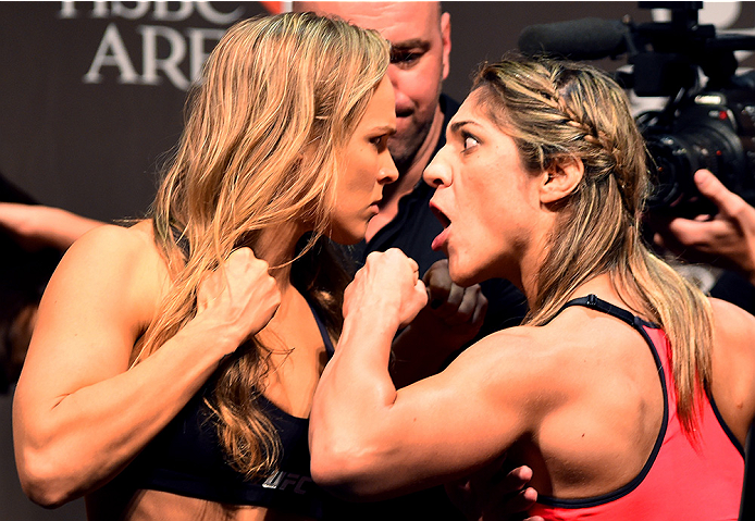 Ronda Rousey and Bethe Correia face-off at the UFC 190 weigh-in