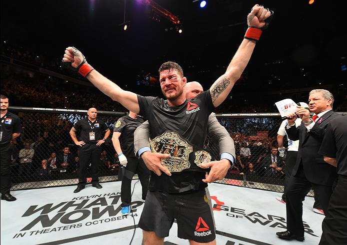 <a href='../fighter/Michael-Bisping'>Michael Bisping</a> celebrates after defending his middleweight title against <a href='../fighter/Dan-Henderson'>Dan Henderson</a> at UFC 204″ align=“center“/><br /><strong>Michael Bisping</strong><p>The current middleweight champion has the most wins in UFC history and is tied for the most Octagon appearances. He won Season 3 of <a href=