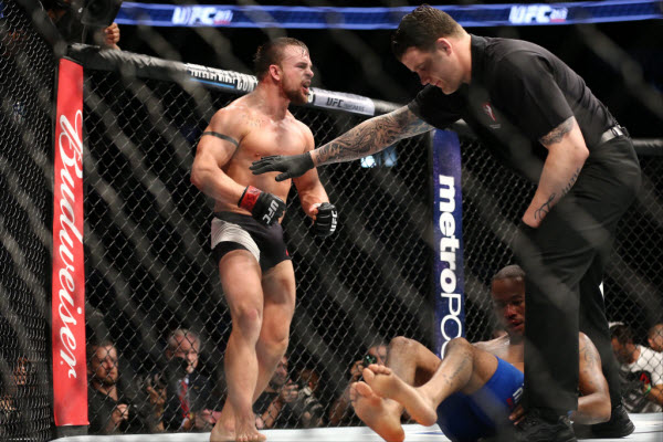 <a href='../fighter/Cody-Stamann'>Cody Stamann</a> celebrates after his bout against <a href='../fighter/Terrion-Ware'>Terrion Ware</a> during the UFC 213 event at T-Mobile Arena on July 9, 2017 in Las Vegas, Nevada. (Photo by Rey Del Rio/Getty Images)“ align=“center“/>Cody Stamann was ready. After compiling a 14-1 record with eight finishes, he was just waiting to be called up to the UFC after an April stoppage of Zac Church.<p>“I definitely felt like I paid my dues,” he said. “I fought some real tough guys that could easily be in the UFC, and I was coming off two really good finishes so I was thinking it’s gonna happen at any point.”</p><p>It did. Eight days before UFC 213 on July 8, Stamann was contacted about facing fellow newcomer Terrion Ware in Las Vegas. He accepted the short notice assignment like any hungry prospect would. There was just a little wrench in the works.</p><p>“I was training a couple weeks after the fight (with Church) and I got a little bit of an injury, just a sprain, so I had to sit out for six weeks. I got cleared by the doctor and was back to training for maybe two days and I got the call for the fight. Normally I’m always in the gym, so I have a pretty good idea of what kind of shape I’m in, and then I got that phone call and it came at the absolute worst time.”</p><p>Now it was time for the 27-year-old to make lemonade out of lemons, or as he put it, “Make some magic happen in eight days.”</p><p>Stamann put in the hours to get down to the 145-pound weight limit, doing three-a-days up until weigh-in day.</p><p>“I pretty much did an eight-week training camp in eight days,” he said.</p><p><img class=