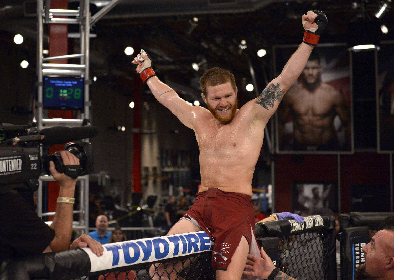 Matt Frevola celebrates after defeating Luke Flores by submission in their lightweight bout during Dana White's Tuesday Night Contender Series at the TUF Gym on August 29, 2017 in Las Vegas, Nevada. (Photo by Brandon Magnus/DWTNCS)