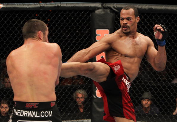 (R-L) David Branch kicks Tomasz Drwal at UFC Fight Night at the Frank Irwin Center on September 15, 2010 in Austin, Texas. (Photo by Josh Hedges/Zuffa LLC)