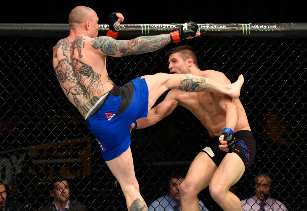 (L-R) Anthony Smith kicks <a href='../fighter/andrew-sanchez'>Andrew Sanchez</a> in their middleweight fight during the UFC Fight Night event at Sprint Center on April 15, 2017 in Kansas City, Missouri. (Photo by Josh Hedges/Zuffa LLC)“ align=“right“/>The Nebraskan wasn’t a stellar high school wrestler, only starting to show his potential at the end of his career, and once he decided MMA was his path, the teenage Smith jumped right into the deep end of the pool. He never looked back, but today he admits that it may have been too much too soon.</p><p>“If I have any regrets, it’s that I started fighting too early,” he said. “I didn’t let myself mature as a person and a man. I’ve literally grown up in the cage. My first fight, I was 17. I turned pro when I was 19, and I wasn’t even very good, but I had beaten everybody else around here.”</p><p>But as the competition got better, Smith found himself a step behind. Not in talent, but in performance when the lights were on.</p><p>“I’ve always been a little bit behind everyone else as far as performing,” he said. “I’ve always had skills, but turning it into success in the competition stages is where I’ve always struggled. But to my credit, once I got it figured out, it was figured out, and I think I’m starting to hit my stride now.”</p><p>On Saturday, Smith is in a main card UFC Fight Night bout against longtime middleweight contender Hector Lombard. He’s on a two-fight winning streak and if he beats the former Cuban Olympian, that may push him into the top 15 at 185 pounds. But in 2010, there were few people believing that he would one day be battling on even terms with the best middleweights in the world.</p><p>He wasn’t alone, though.</p><p><span class=