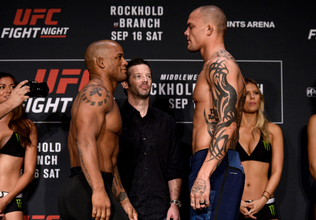 (L-R) <a href='../fighter/Hector-Lombard'>Hector Lombard</a> of Cuba and <a href='../fighter/Anthony-Smith'>Anthony Smith</a> face off during the <a href='../event/UFC-Silva-vs-Irvin'>UFC Fight Night </a>Weigh-in on September 15, 2017 in Pittsburgh, PA. (Photo by Brandon Magnus/Zuffa LLC)“ align=“center“/>It was February 5, 2010. Anthony Smith was stopped at 4:35 of the third round by <a href=