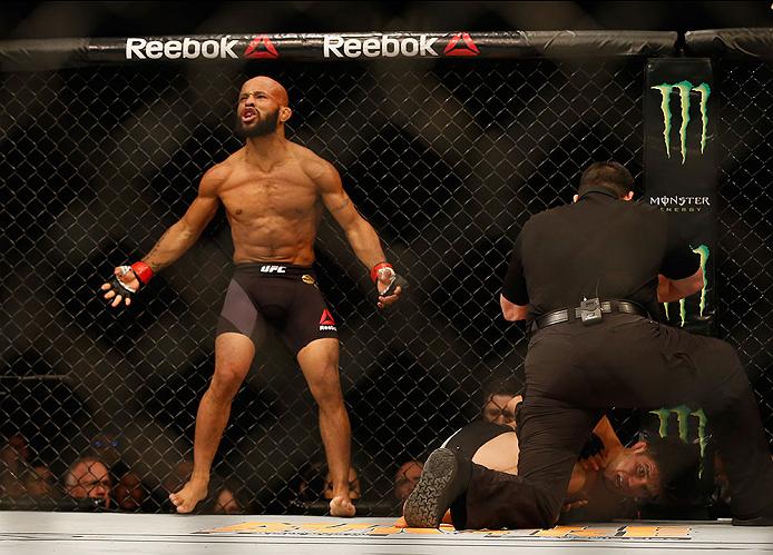 <a href='../fighter/Demetrious-Johnson'>Demetrious Johnson</a> celebrates after defeating <a href='../fighter/Henry-Cejudo'>Henry Cejudo</a> at UFC 197″ align=“center“/><br /><strong>2016</strong><br /><strong>Henry Cejudo (<a href=