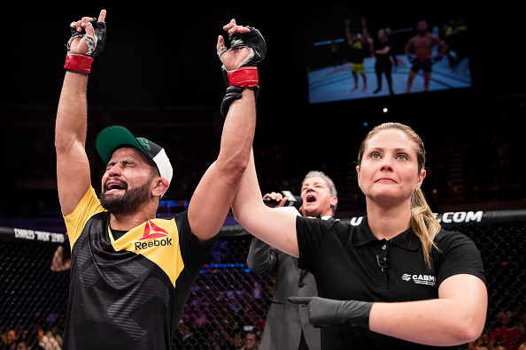 Jussier Formiga of Brazil celebrates victory over <a href='../fighter/Dustin-Ortiz'>Dustin Ortiz</a> of the United States in their bantamweight UFC bout during the UFC Fight Night event at Nilson Nelson gymnasium on September 24, 2016 in Brasilia, Brazil. (Photo by Buda Mendes/Zuffa LLC)“ align=“right“/>Ulka Sasaki pulled off the biggest win of his UFC career in his last fight when he submitted perennial contender <a href=