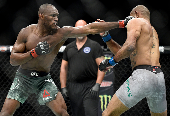(L-R) Kamaru Usman of Nigeria punches Sergio Moraes of Brasil in their welterweight bout during the UFC Fight Night event inside the PPG Paints Arena on September 16, 2017 in Pittsburgh, Pennsylvania. (Photo by Brandon Magnus/Zuffa LLC)