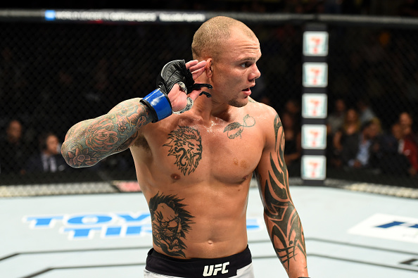 Anthony Smith reacts after defeating Hector Lombard of Cuba in their middleweight bout during the UFC Fight Night event inside the PPG Paints Arena on September 16, 2017 in Pittsburgh, Pennsylvania. (Photo by Josh Hedges/Zuffa LLC)