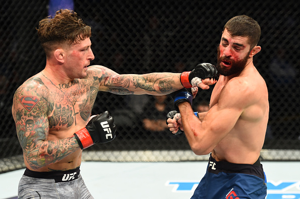 (L-R) Gregor Gillespie punches Jason Gonzalez in their lightweight bout during the UFC Fight Night event inside the PPG Paints Arena on September 16, 2017 in Pittsburgh, Pennsylvania. (Photo by Josh Hedges/Zuffa LLC)