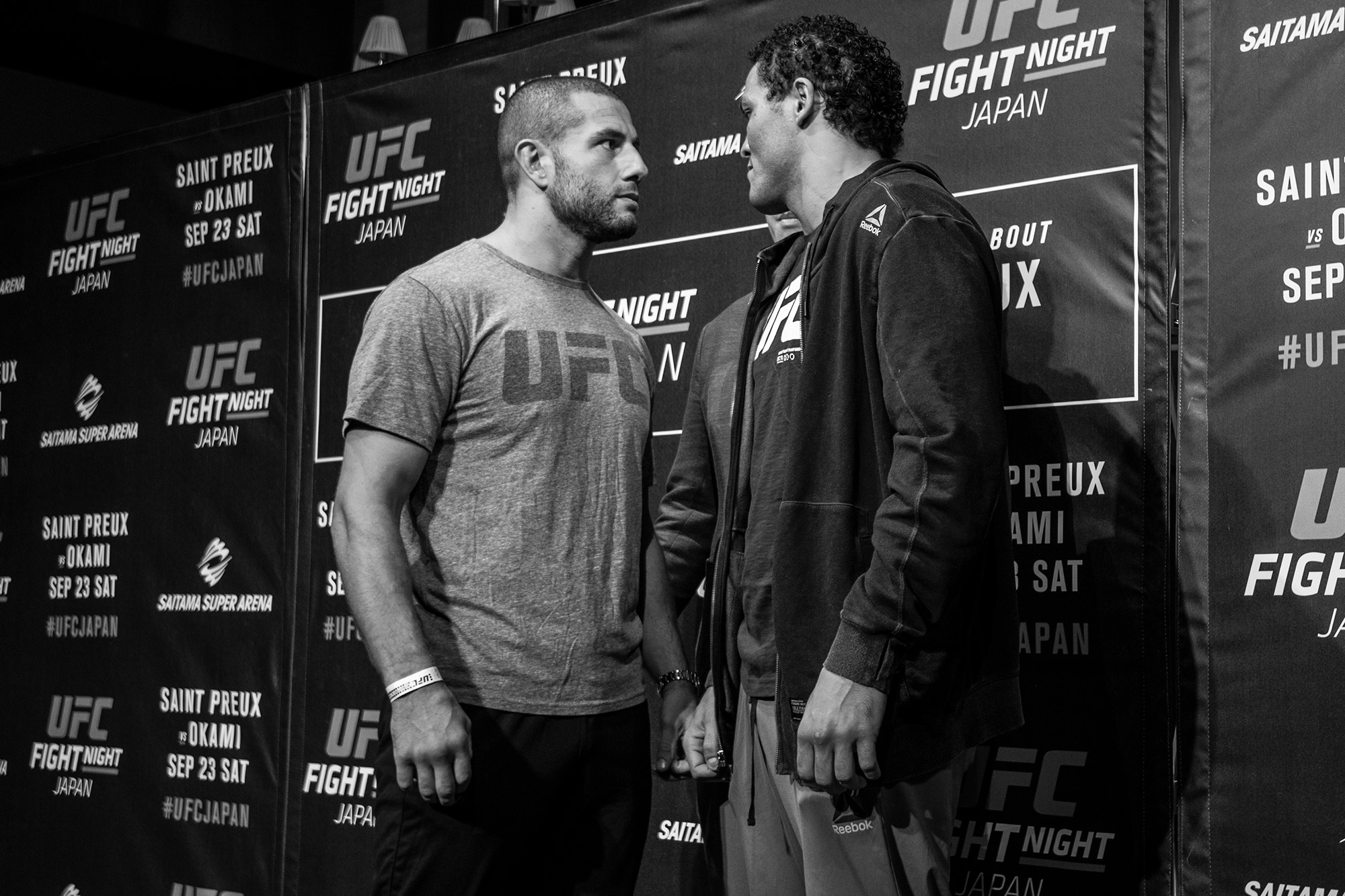 TOKYO, JAPAN - SEPTEMBER 20: (L-R) Opponents Gokhan Saki of Netherlands and Henrique da Silva of Brazil face off during the UFC Fight Night Media Day. (Photo by John Barry/Zuffa LLC)