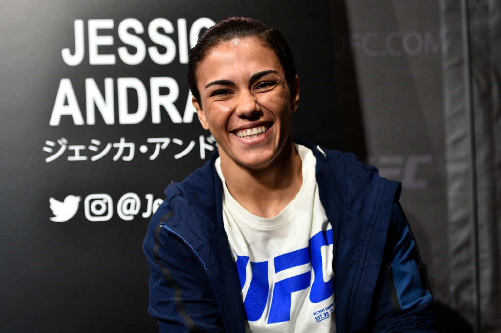 UFC women's strawweight Jessica Andrade of Brazil interacts with the media during the UFC Ultimate Media Day at the Park Hyatt on 9/20/17 in Tokyo, Japan. (Photo by Jeff Bottari/Zuffa LLC)