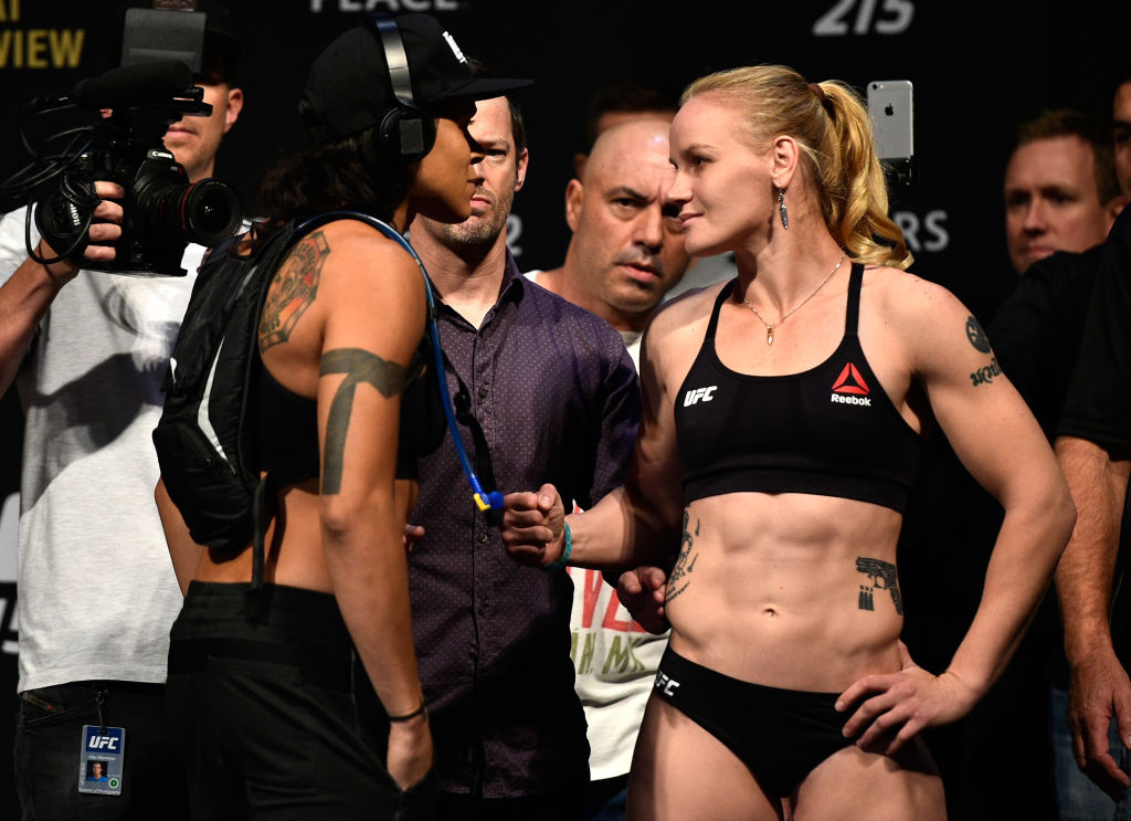 EDMONTON, AB - SEPTEMBER 08: (L-R) Opponents Amanda Nunes of Brazil and Valentina Shevchenko of Kyrgyzstan face-off during the UFC 215 weigh-in inside the Rogers Place on September 8, 2017 in Edmonton, Alberta, Canada. (Photo by Jeff Bottari/Zuffa LLC)
