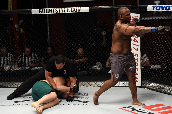 LAS VEGAS, NV - (R-L) Zu Anyanwu celebrates his knockout victory over <a href='../fighter/greg-rebello'>Greg Rebello</a> in their heavyweight bout during Dana White’s Tuesday Night Contender Series at the TUF Gym on July 11, 2017 in Las Vegas, Nevada. (Photo by Brandon Magnus/DWTNCS)“ align=“right“/>Stepping in to replace <a href=