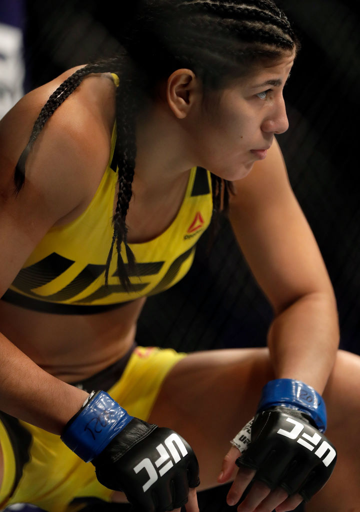 KANSAS CITY, MO - APRIL 15: Ketlen Vieira prepares to battle Ashlee Evans-Smith during their Women's Bantamweight bout on UFC Fight Night at the Sprint Center on April 15, 2017 in Kansas City, Missouri. (Photo by Jamie Squire/Getty Images)