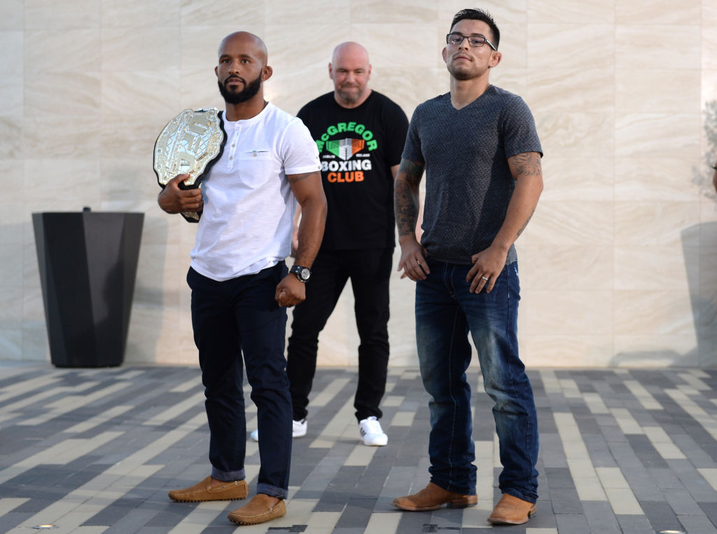 (L-R) UFC flyweight champion Demetrious Johnson and Ray Borg pose during the UFC 215 & UFC 216 Title Bout Participants Las Vegas Media Day at the UFC Headquarters on August 24, 2017 in Las Vegas, Nevada. (Photo by Brandon Magnus/Zuffa LLC)