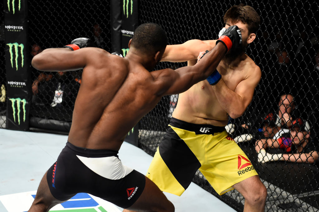 ROTTERDAM, NETHERLANDS - SEPTEMBER 02: (L-R) Leon Edwards of Jamaica punches Bryan Barberena in their welterweight bout during the UFC Fight Night event at the Rotterdam Ahoy on September 2, 2017 in Rotterdam, Netherlands. (Photo by Josh Hedges/Zuffa LLC)