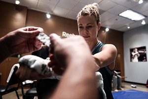 LAS VEGAS, NV - JULY 27: Ariel Beck gets her hands wrapped before facing Montana Stewart during the filming of The Ultimate Fighter: A New World Champion at the UFC TUF Gym on July 27, 2017 in Las Vegas, Nevada. (Photo by Brandon Magnus/Zuffa LLC)