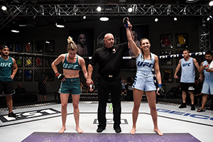 LAS VEGAS, NV - JULY 27: (R-L) Montana Stewart celebrates her submission victory over Ariel Beck during the filming of The Ultimate Fighter: A New World Champion at the UFC TUF Gym on July 27, 2017 in Las Vegas, Nevada. (Photo by Brandon Magnus/Zuffa LLC)