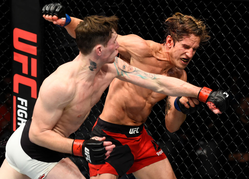 ROTTERDAM, NETHERLANDS - SEPTEMBER 02: (L-R) Darren Till of England punches Bojan Velickovic of Serbia in their welterweight bout during the UFC Fight Night event at the Rotterdam Ahoy on September 2, 2017 in Rotterdam, Netherlands. (Photo by Josh Hedges/Zuffa LLC)