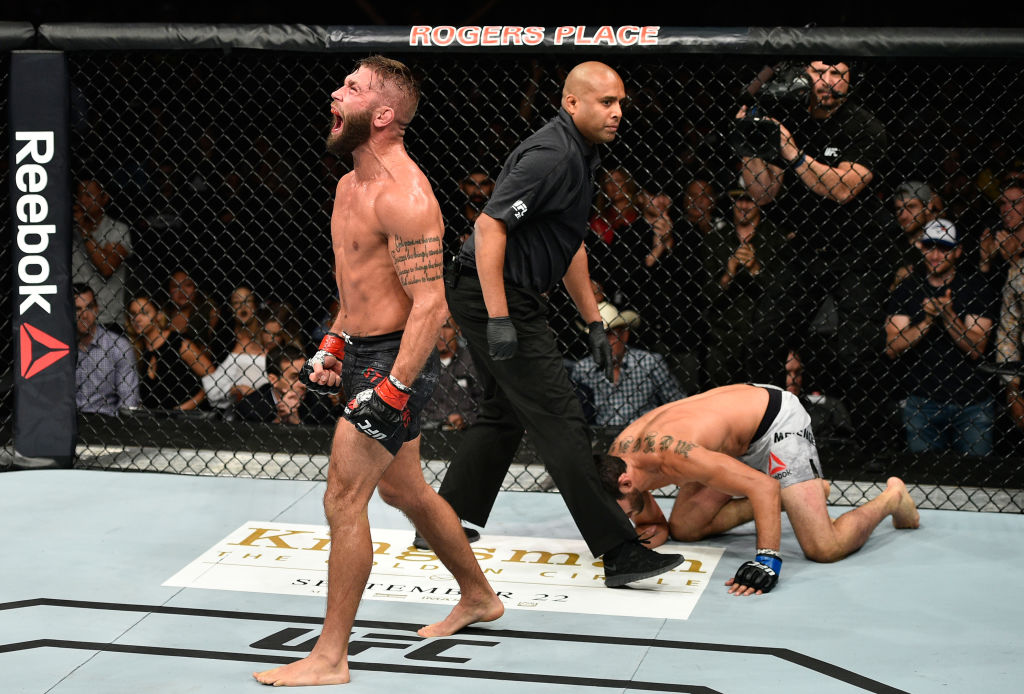 EDMONTON, AB - SEPTEMBER 09: (L-R) Jeremy Stephens screams after facing Gilbert Melendez in their featherweight bout during the UFC 215 event inside the Rogers Place on September 9, 2017 in Edmonton, Alberta, Canada. (Photo by Jeff Bottari/Zuffa LLC/Zuffa LLC via Getty Images)