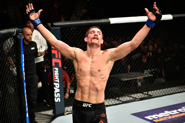 EDMONTON, AB - SEPTEMBER 09: Rick Glenn raises his hands after facing Gavin Tucker of Canada in their featherweight bout during the UFC 215 event inside the Rogers Place on September 9, 2017 in Edmonton, Alberta, Canada. (Photo by Jeff Bottari/Zuffa LLC/Zuffa LLC via Getty Images)” align=